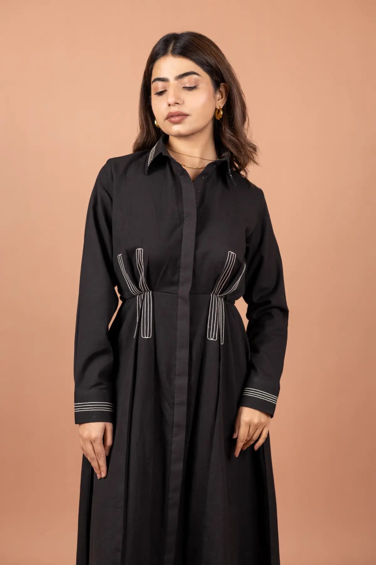 Shop Black Aura Embroidered Cotton Dress Unimoda Shop Black Aura Embroidered Cotton Dress Unimoda