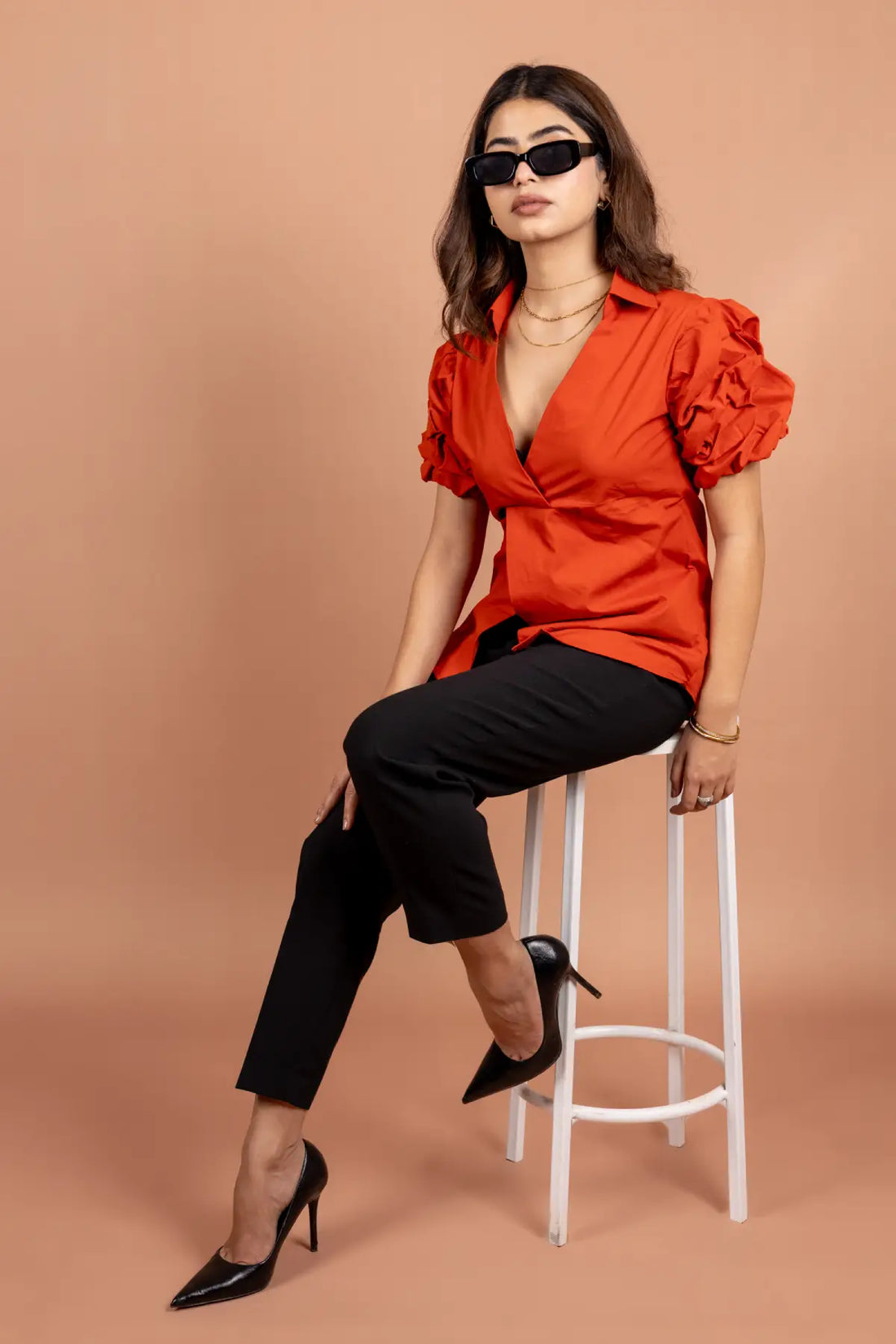 Puff Sleeve Cotton Blend Wrap Top