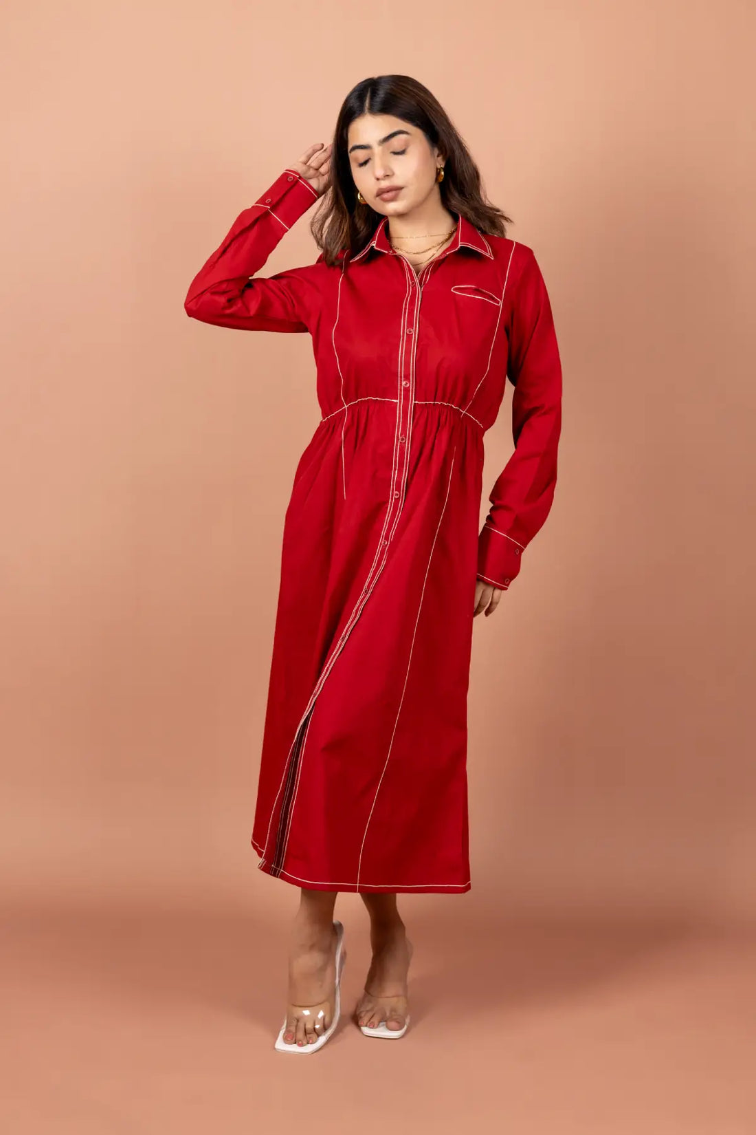 Marron Red Embroidered Cotton Poplin Dress