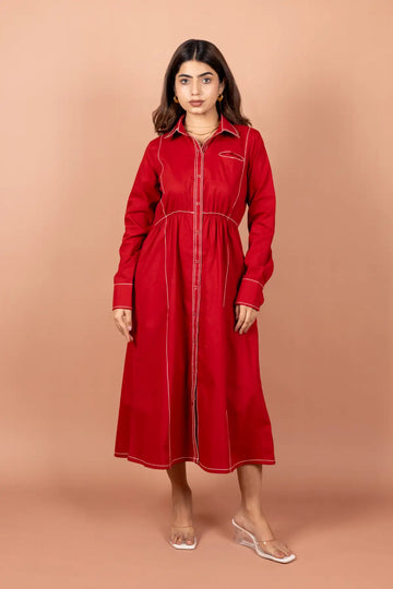 Marron Red Embroidered Cotton Poplin Dress