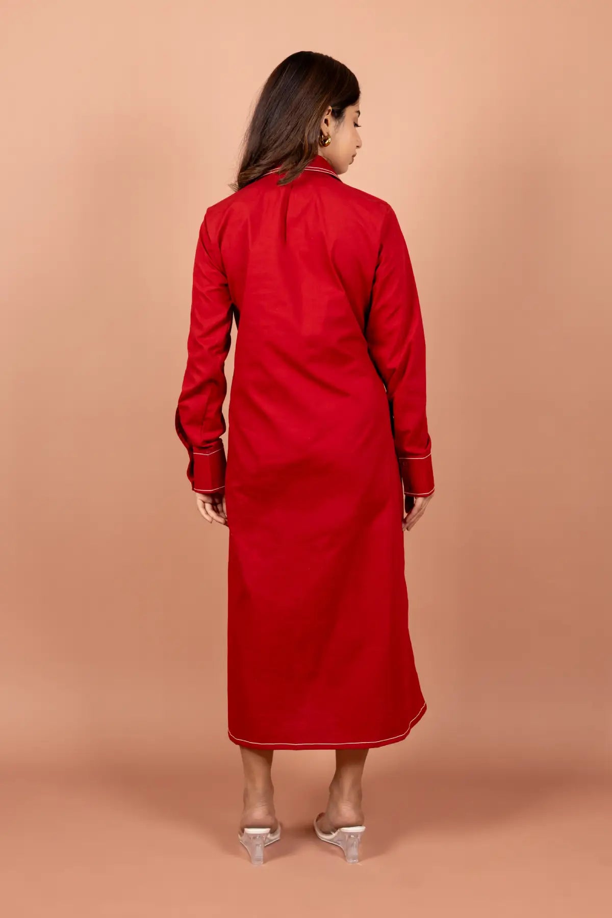 Marron Red Embroidered Cotton Poplin Dress