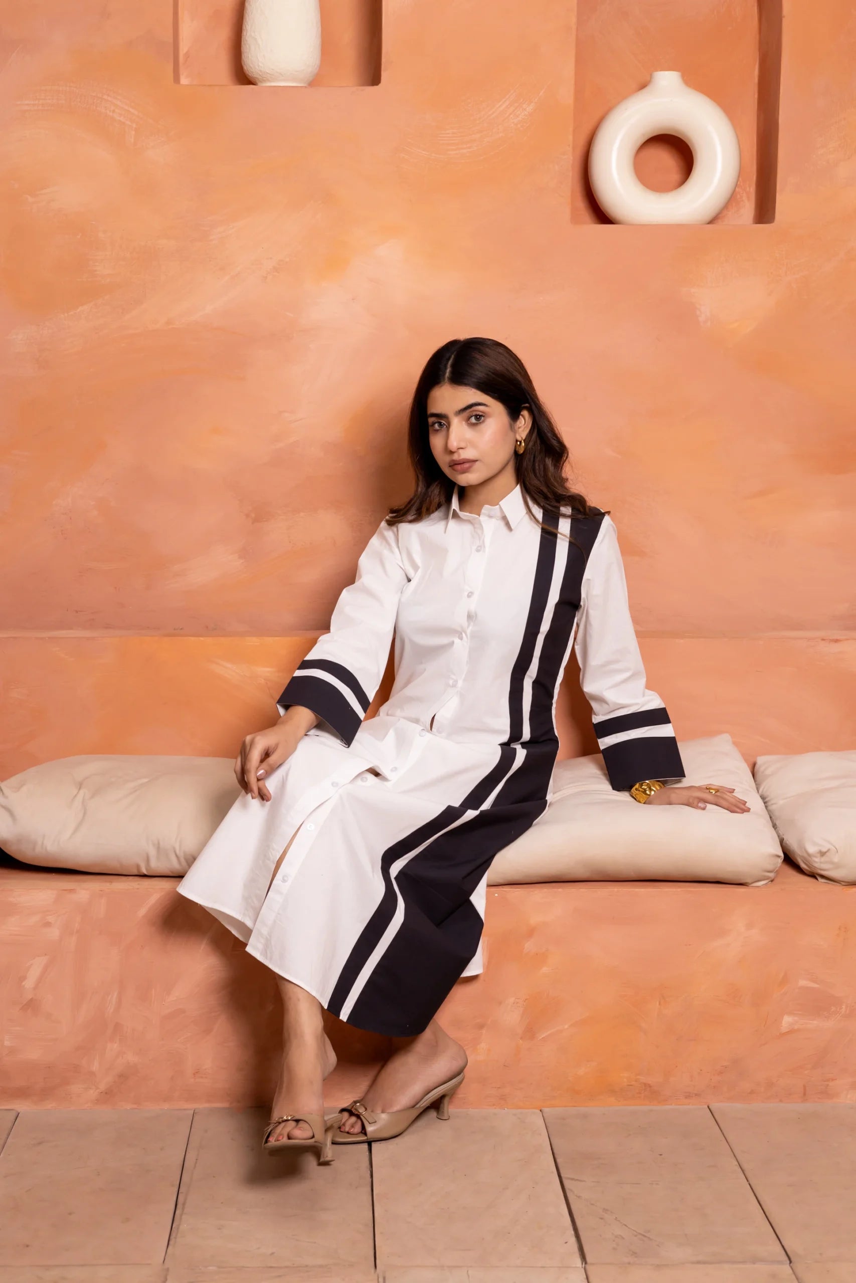 Piano Key Elegance Dress / Dual Tone Cotton Poplin Dress