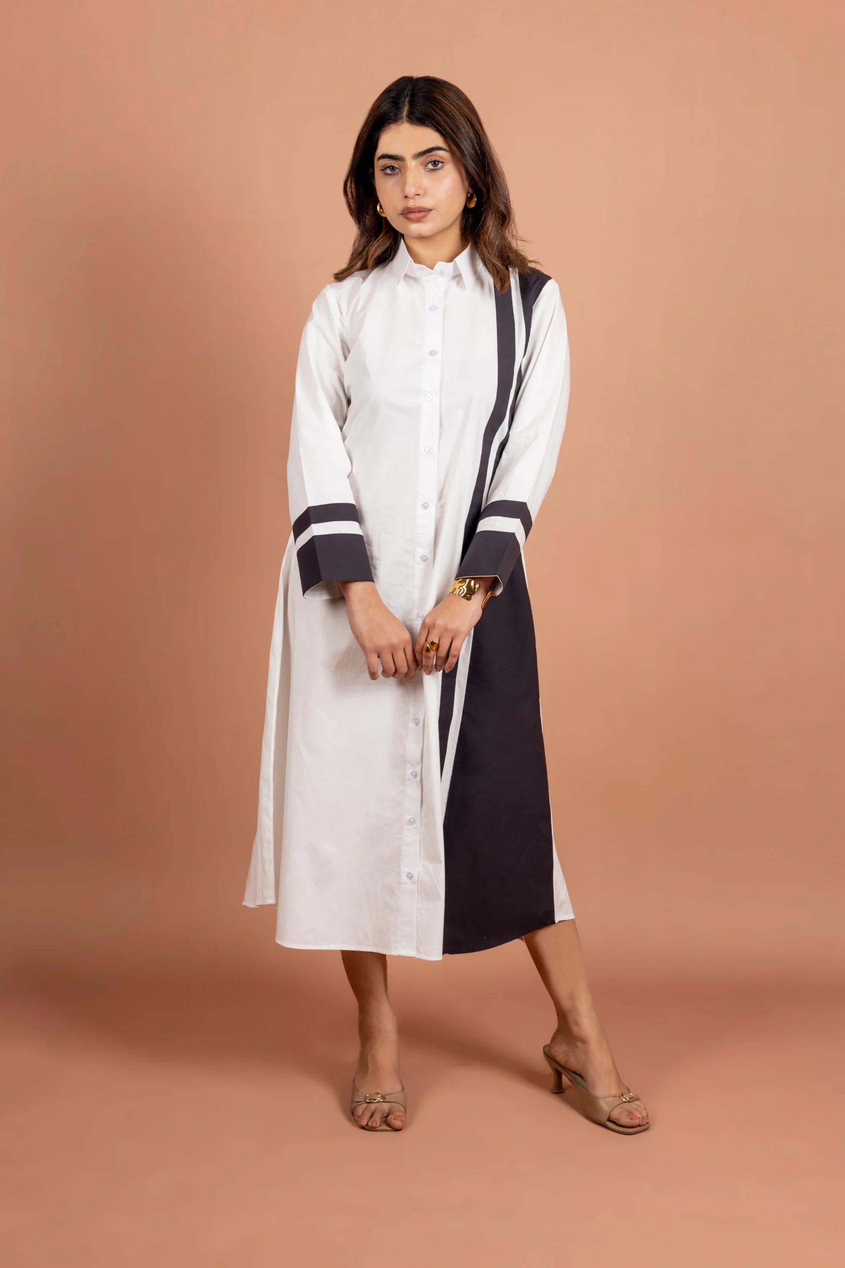 Piano Key Elegance Dress / Dual Tone Cotton Poplin Dress