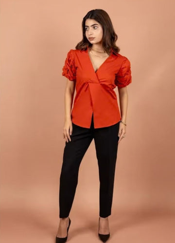 Puff Sleeve Cotton Blend Wrap Top