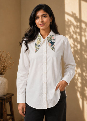 Multicolour Hand-Embroidered Poplin Collar Shirt