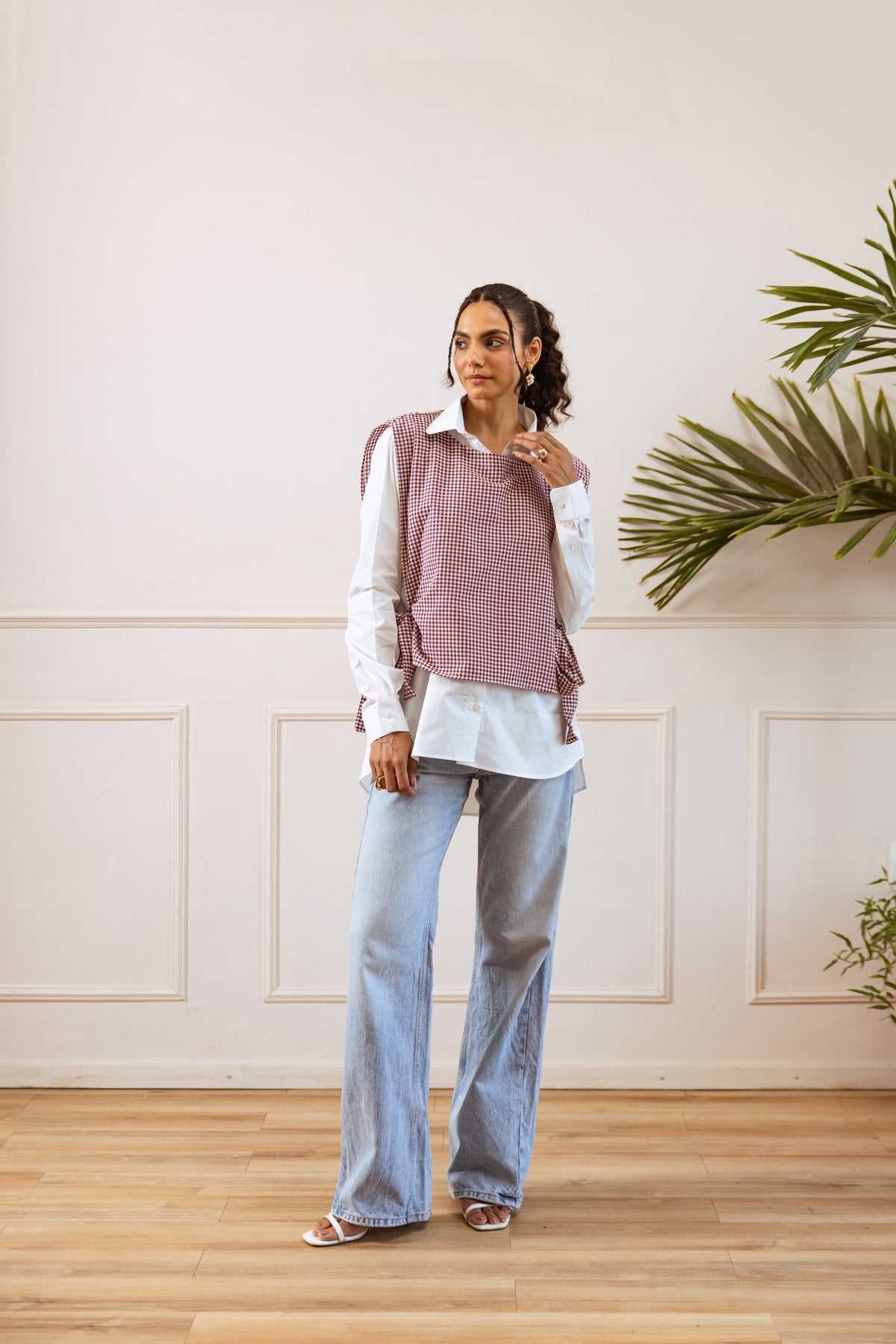 Pink Checked Cotton Blend Top