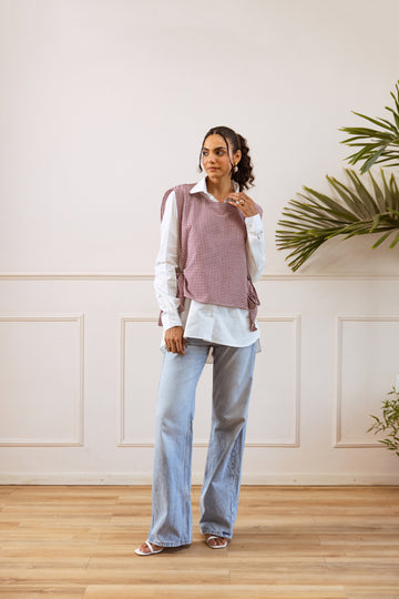 Pink Checked Cotton Blend Top