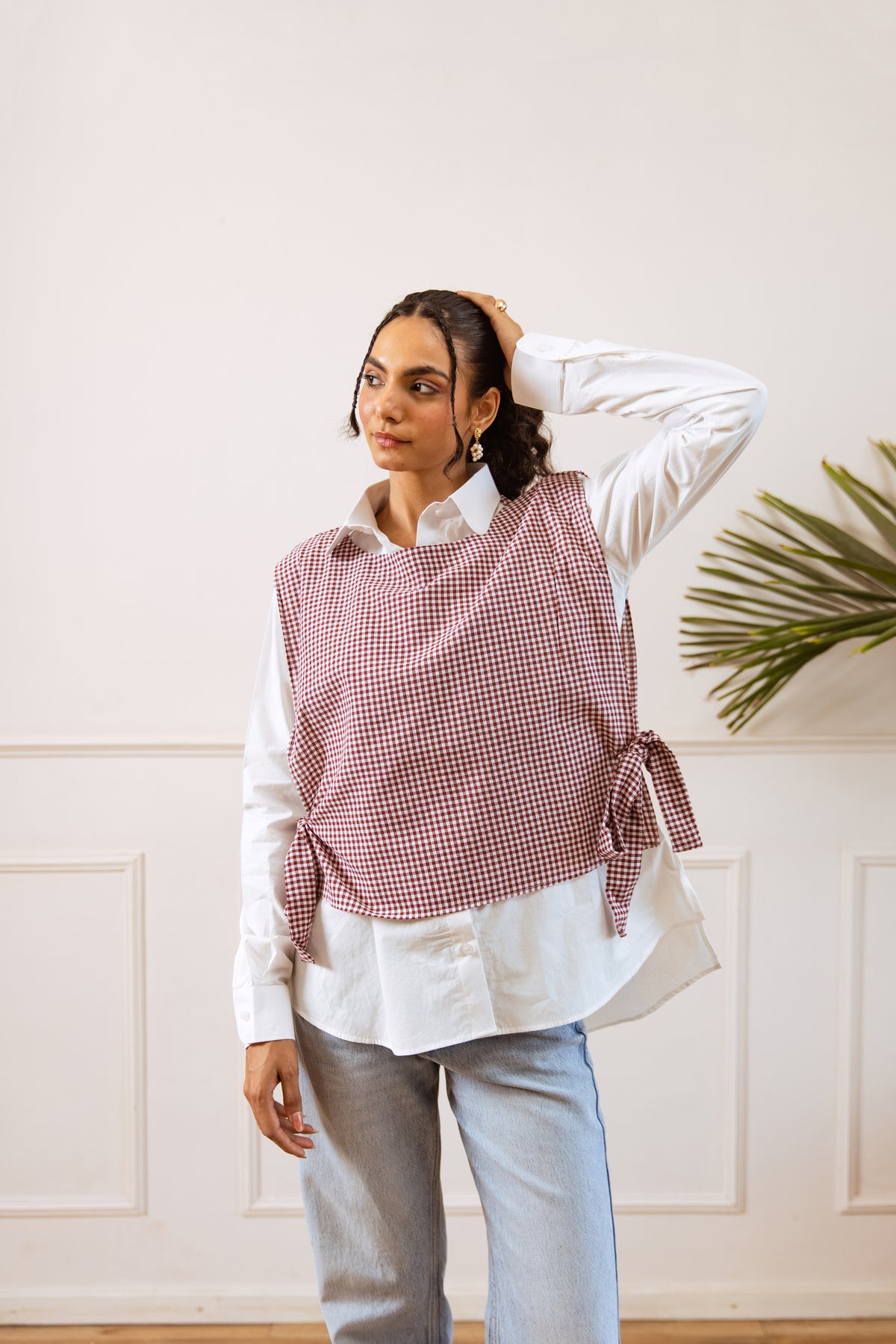 Pink Checked Cotton Blend Top