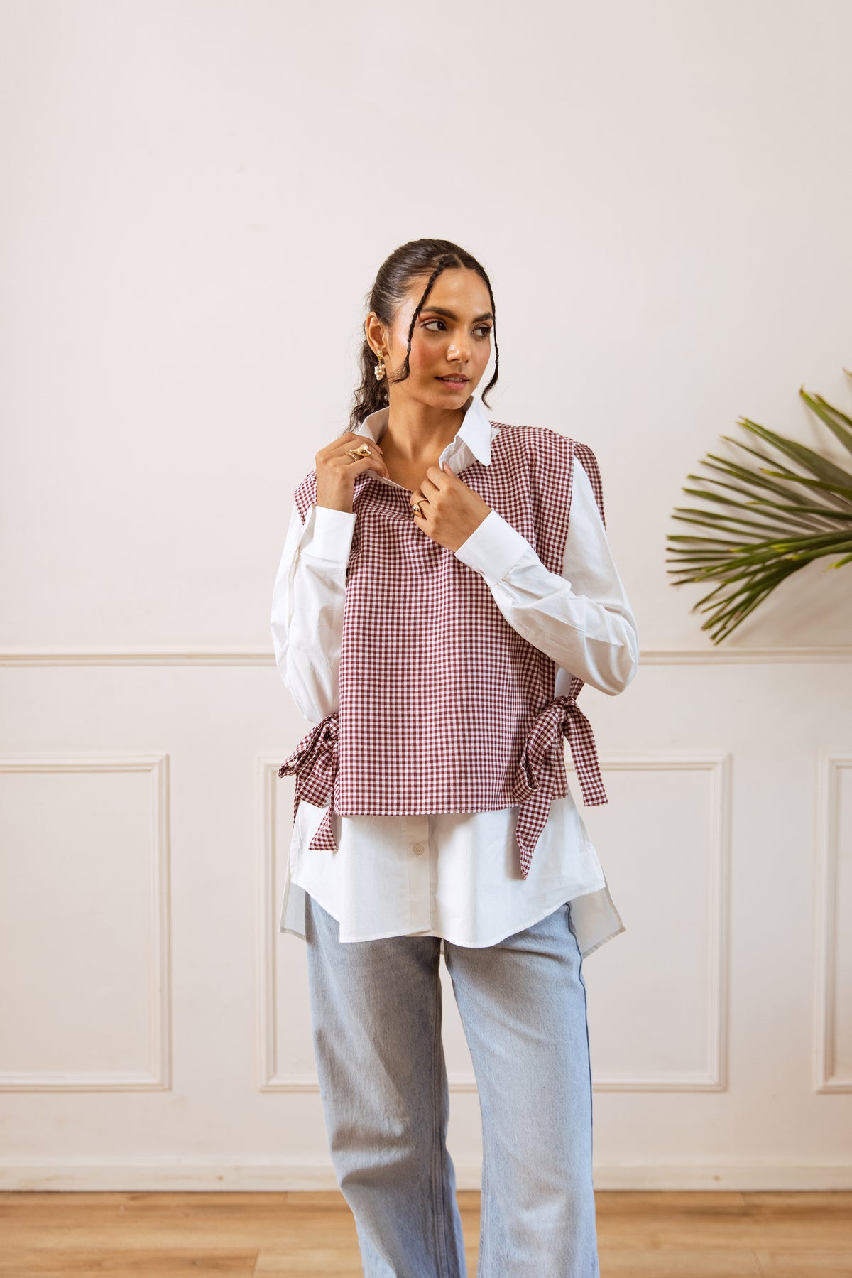 Pink Checked Cotton Blend Top