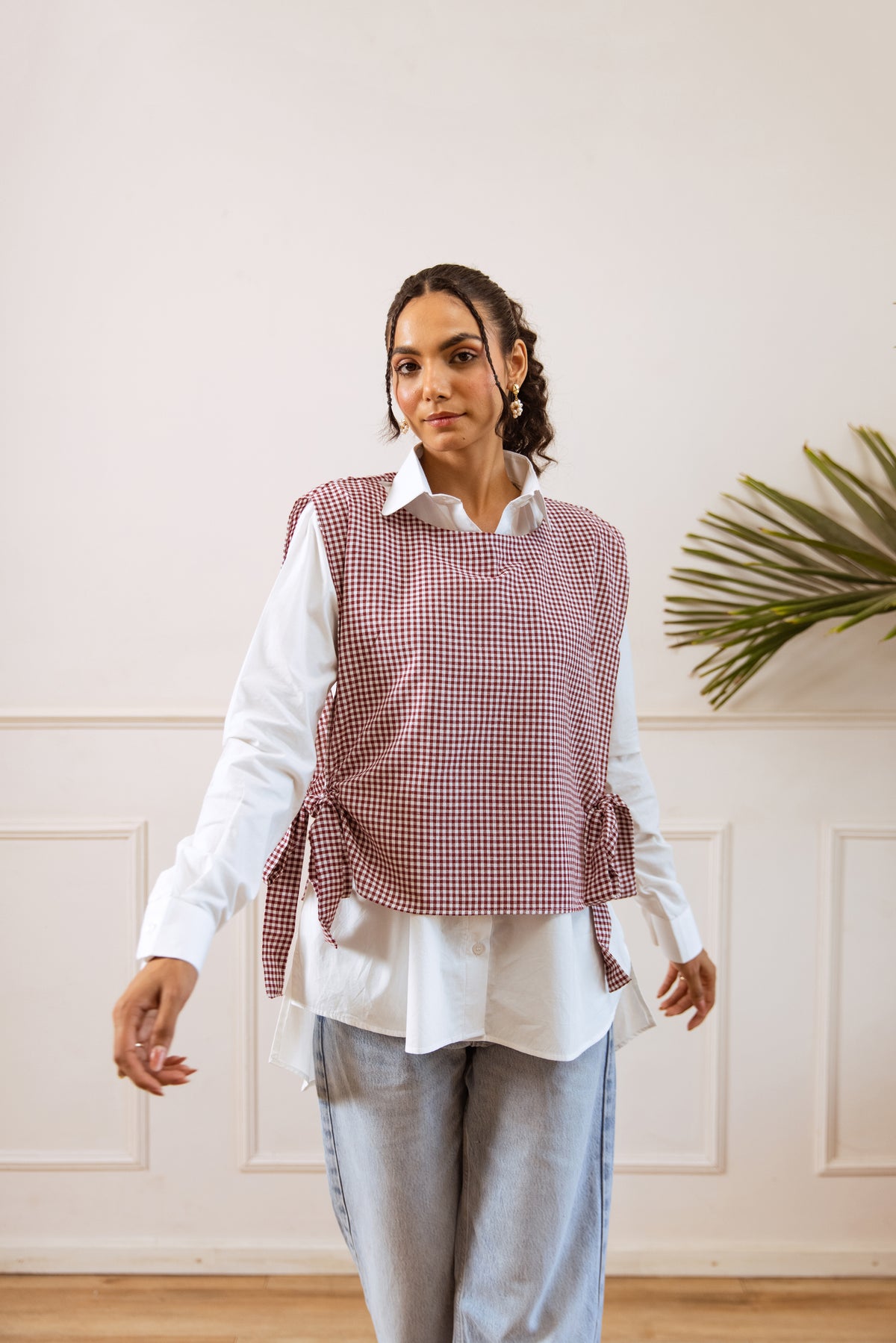 Pink Checked Cotton Blend Top