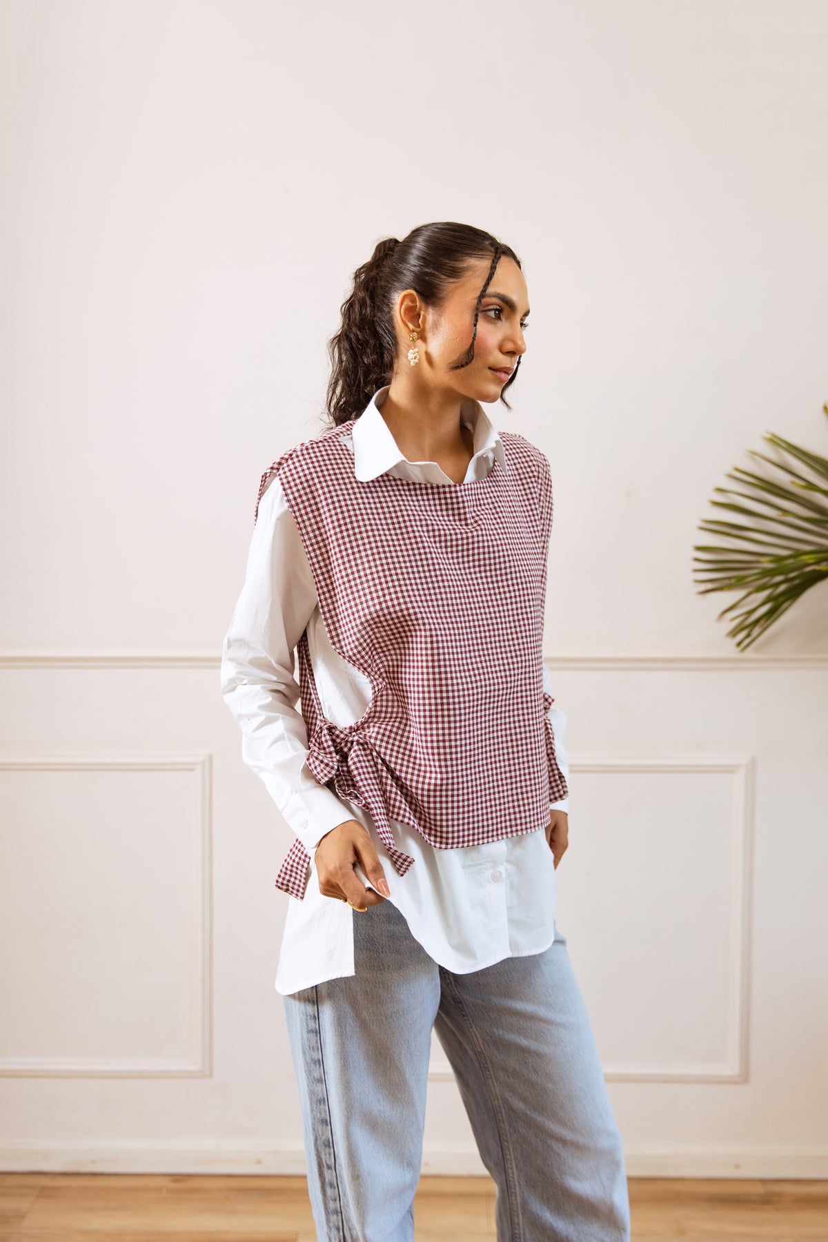 Pink Checked Cotton Blend Top