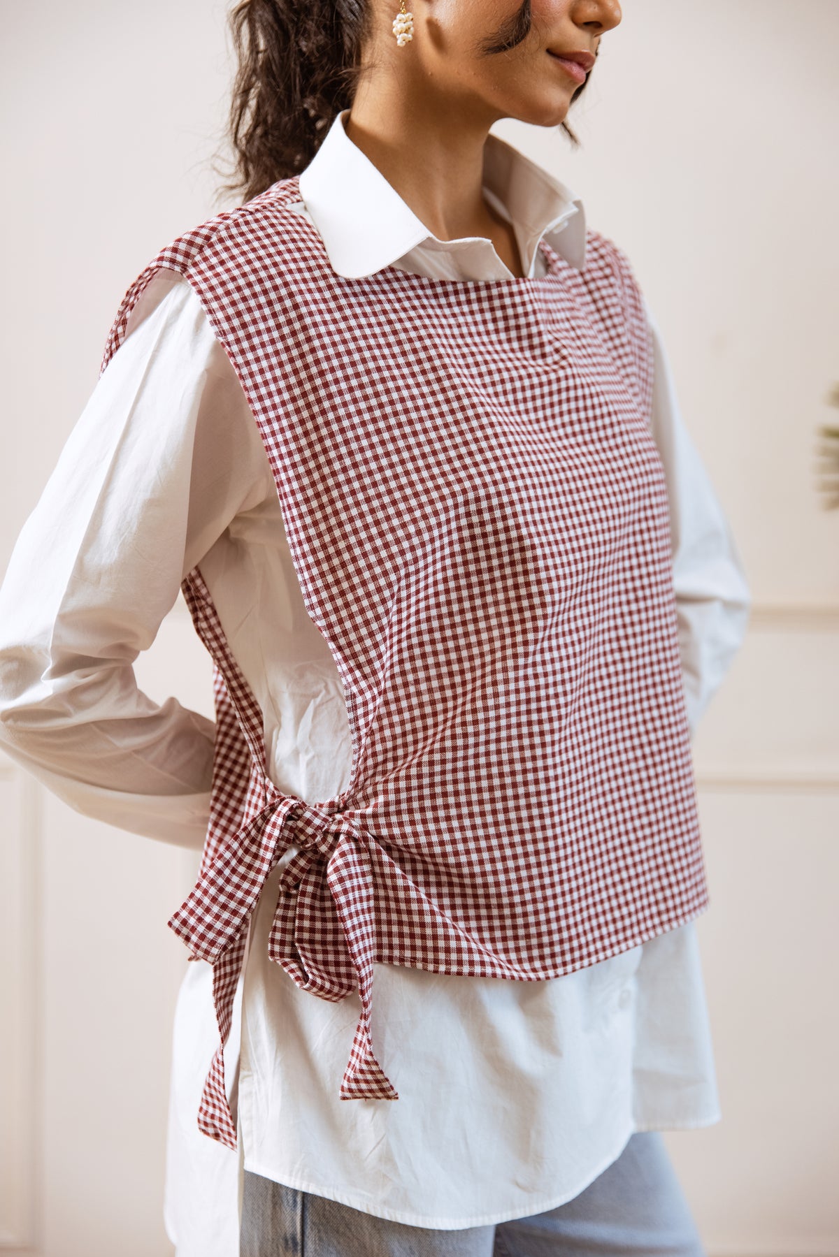 Pink Checked Cotton Blend Top