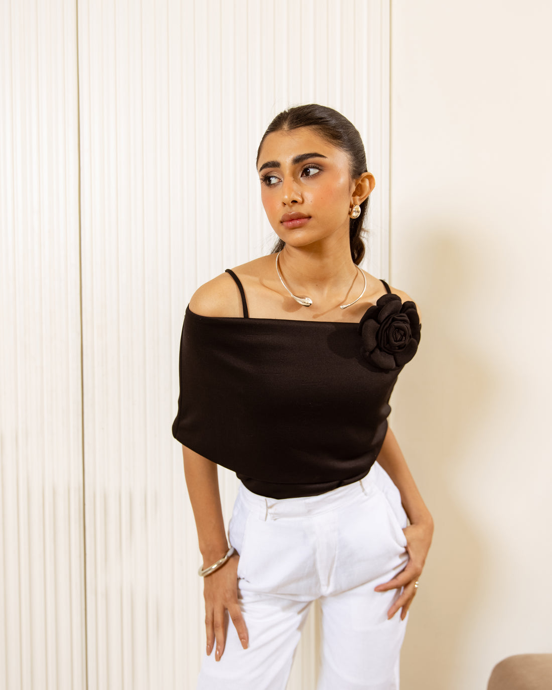 Drop Shoulder Asymmetric Top Black with Pants