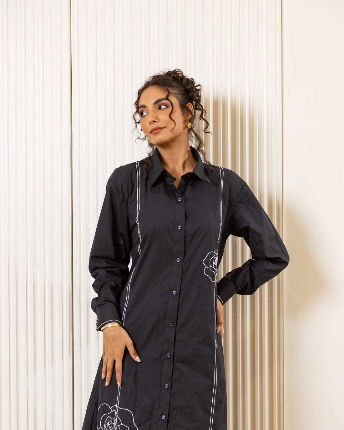 Classic A-Line Midi Dress with Shirt Collar