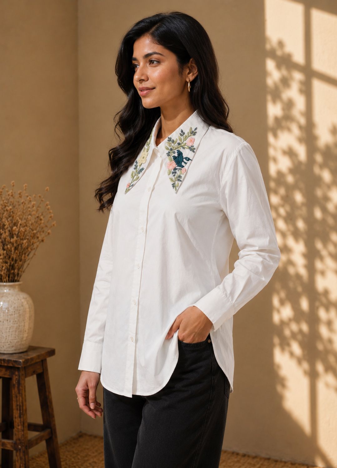 Multicolour Hand-Embroidered Poplin Collar Shirt