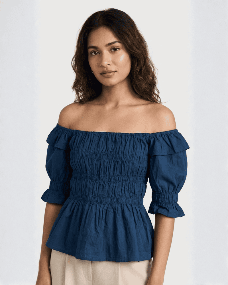 Blue Poplin Smocking Crop Top