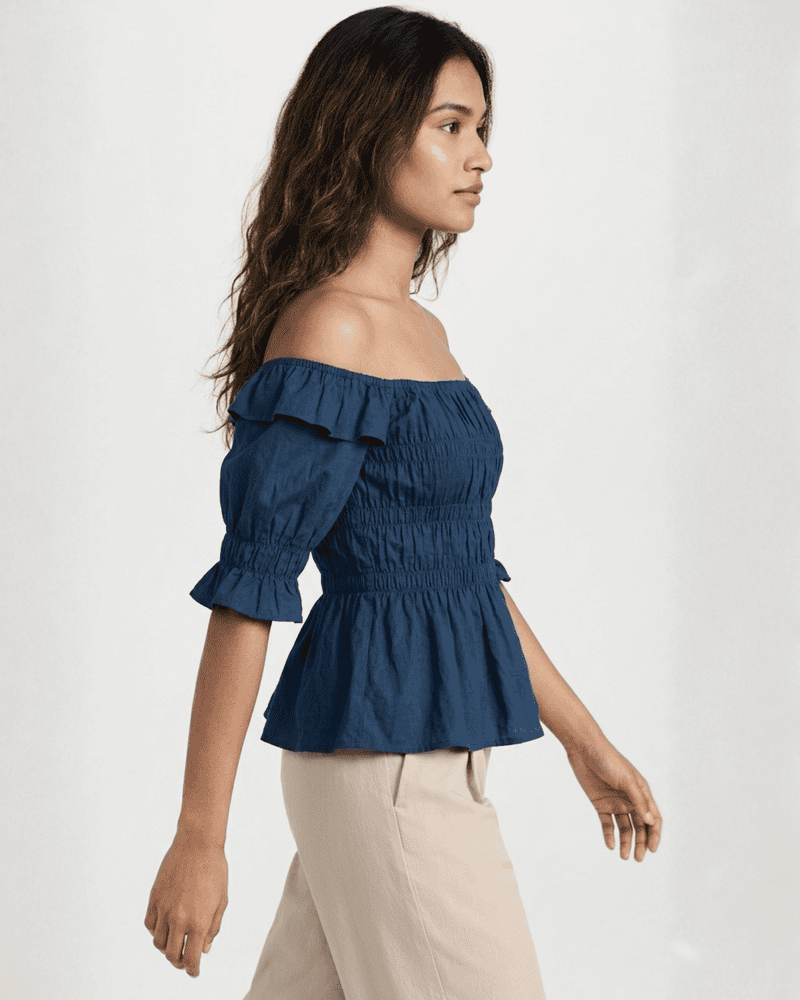 Blue Poplin Smocking Crop Top