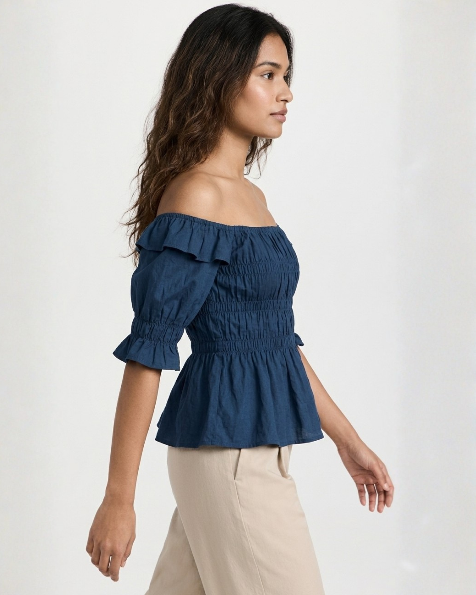 Blue Poplin Smocking Crop Top