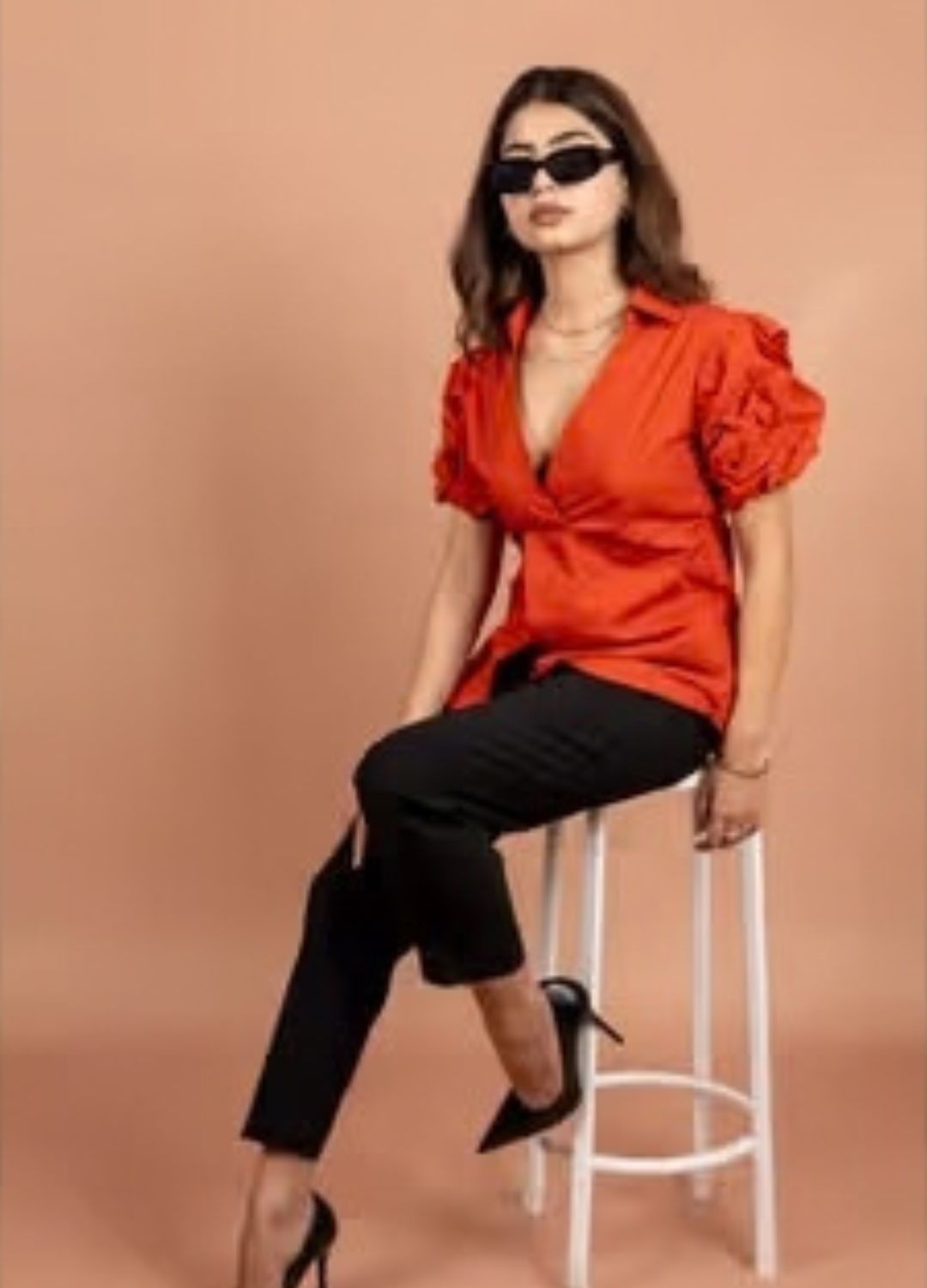 Puff Sleeve Cotton Blend Wrap Top