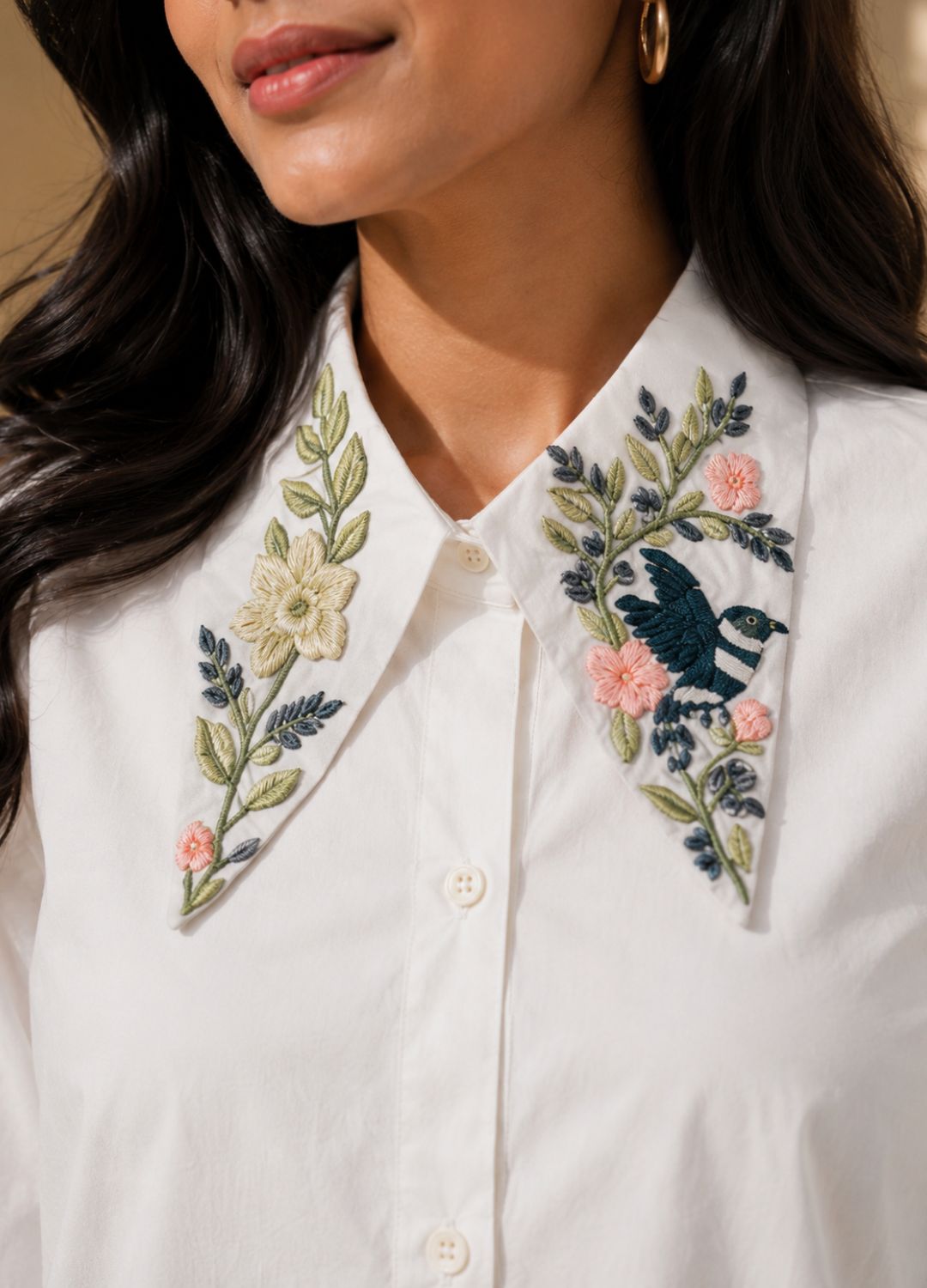 Multicolour Hand-Embroidered Poplin Collar Shirt