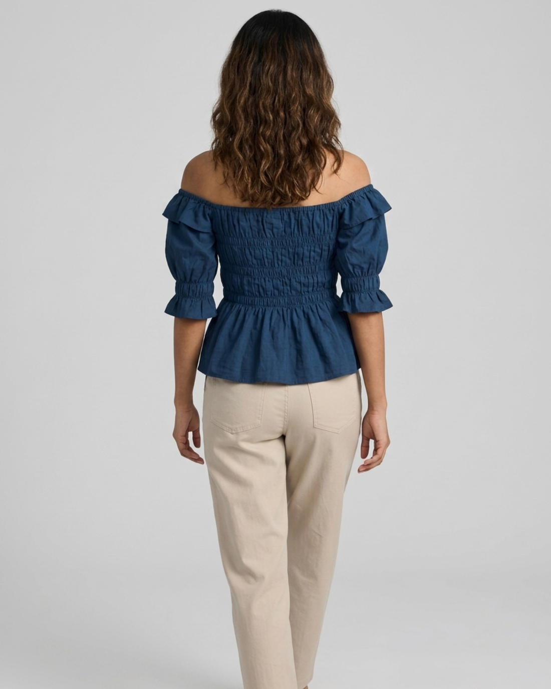 Blue Poplin Smocking Crop Top