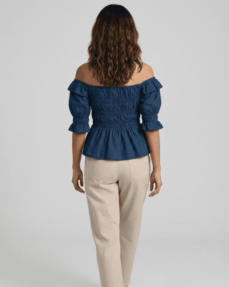 Blue Poplin Smocking Crop Top