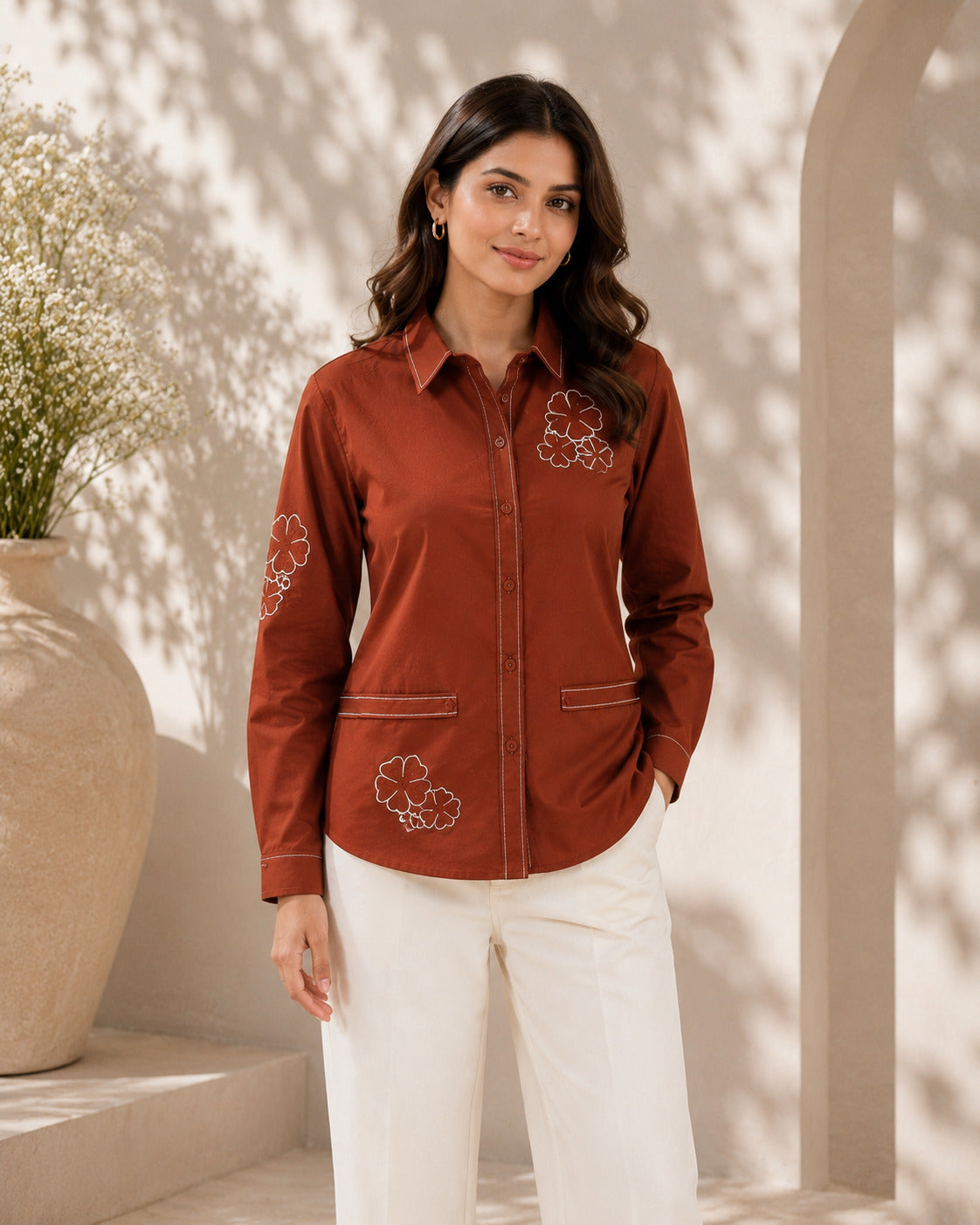Brown Cotton Poplin Shirt with Floral Embroidery