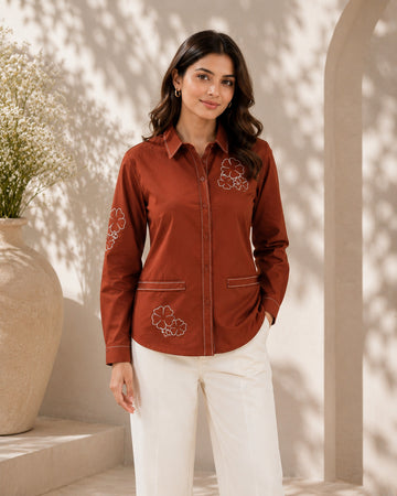 Brown Cotton Poplin Shirt with Floral Embroidery