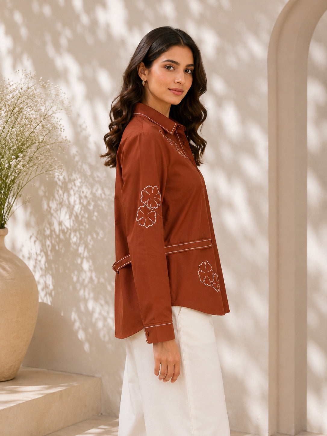 Brown Cotton Poplin Shirt with Floral Embroidery