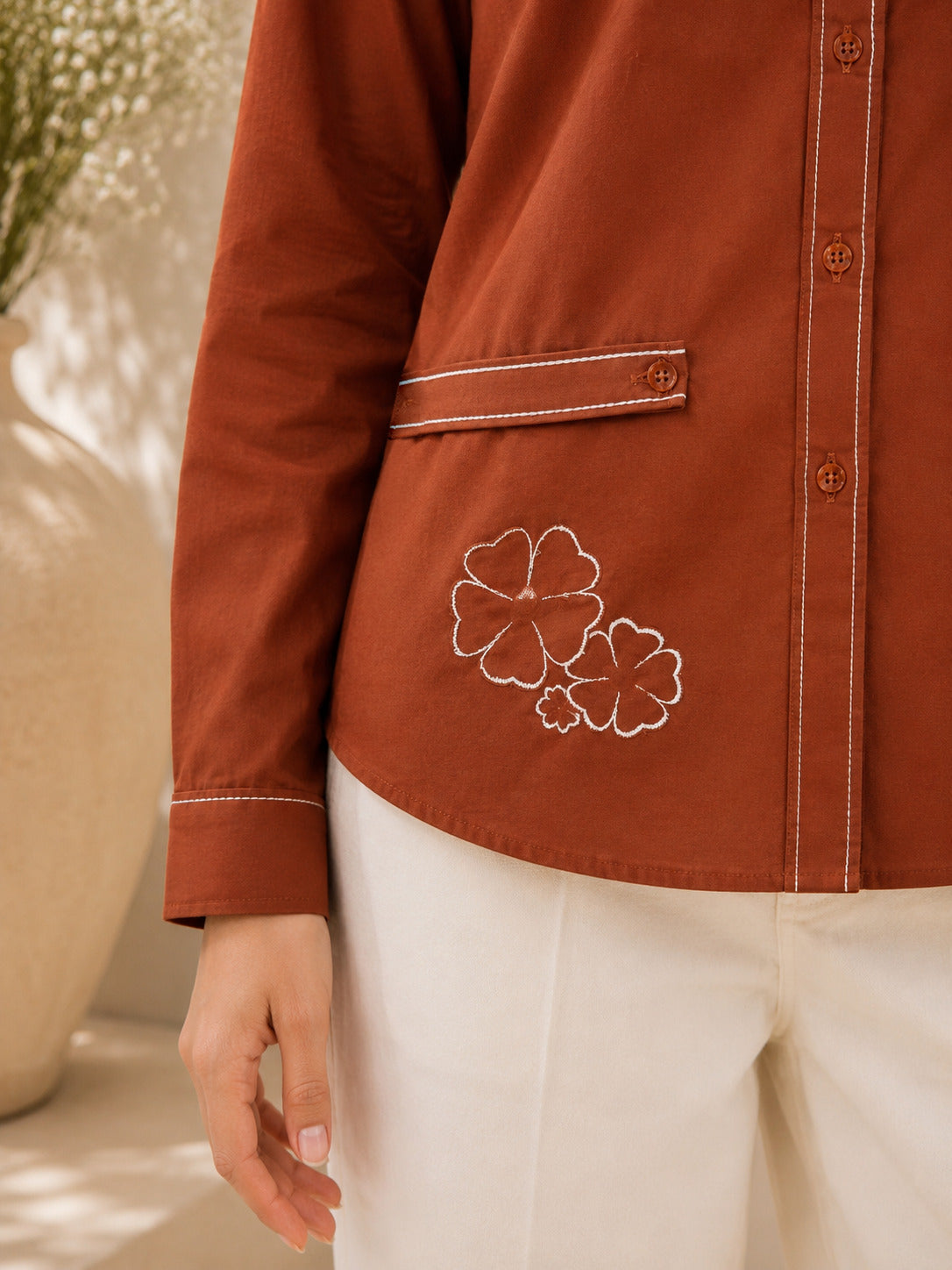 Brown Cotton Poplin Shirt with Floral Embroidery