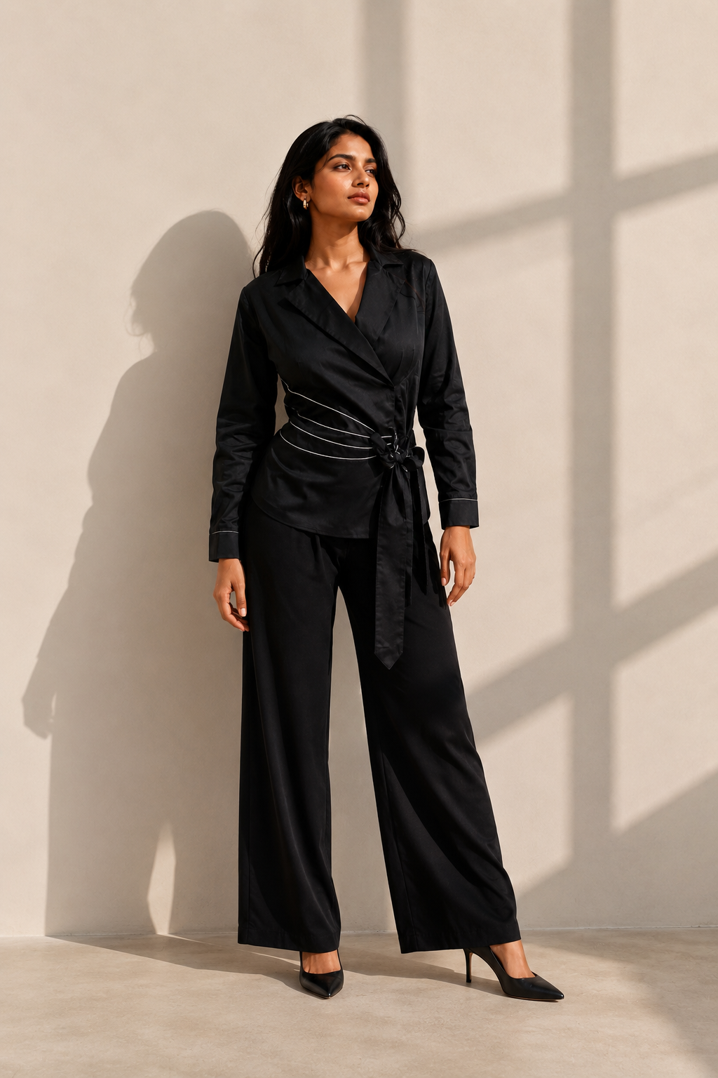 Jet Black Glace Cotton Co-ord Set with Tagai Work