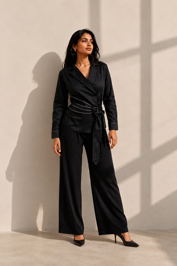 Jet Black Glace Cotton Co-ord Set with Tagai Work
