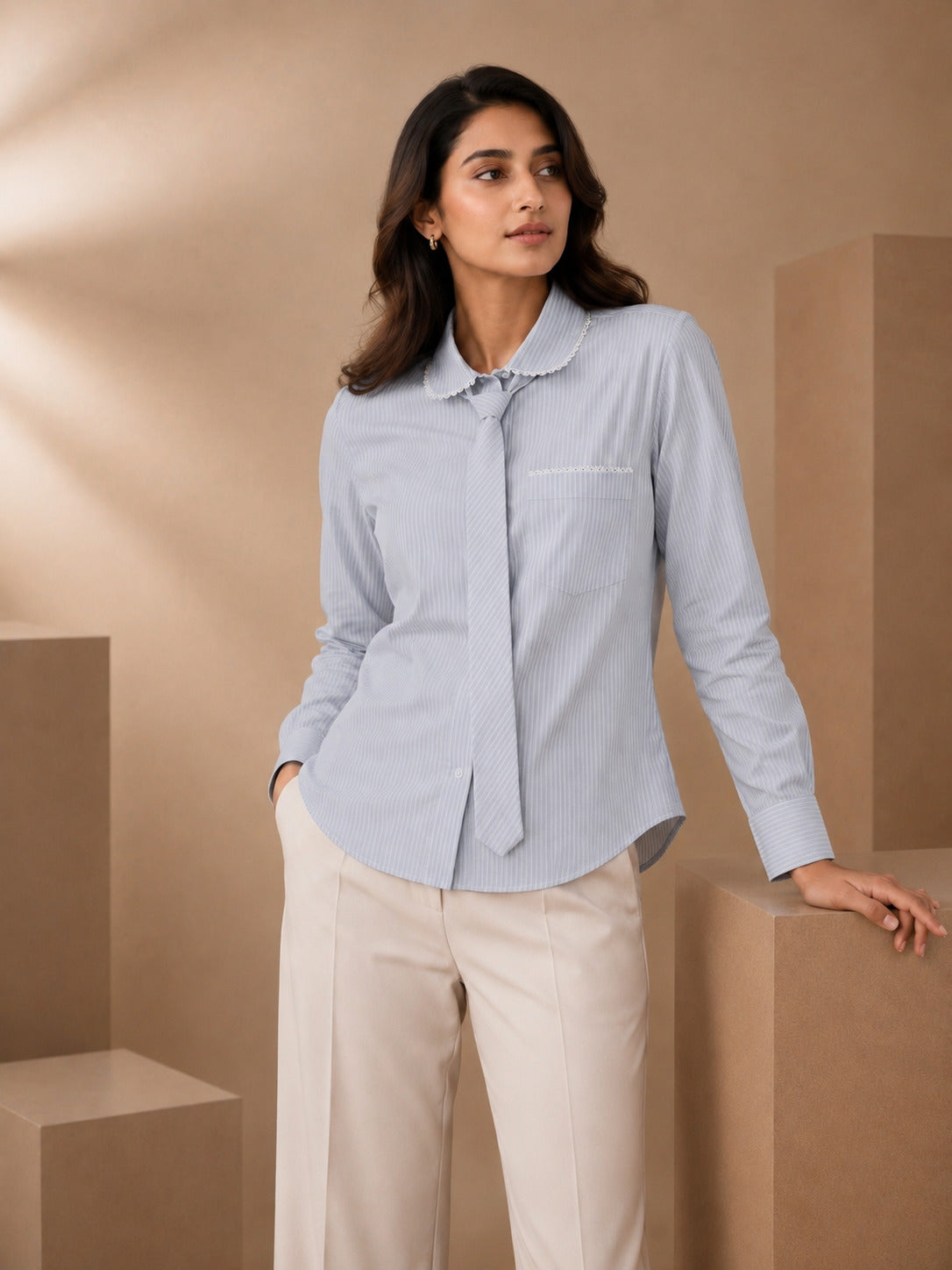 Light Cornflower Blue Striped Cotton Shirt with Lace Embellishments