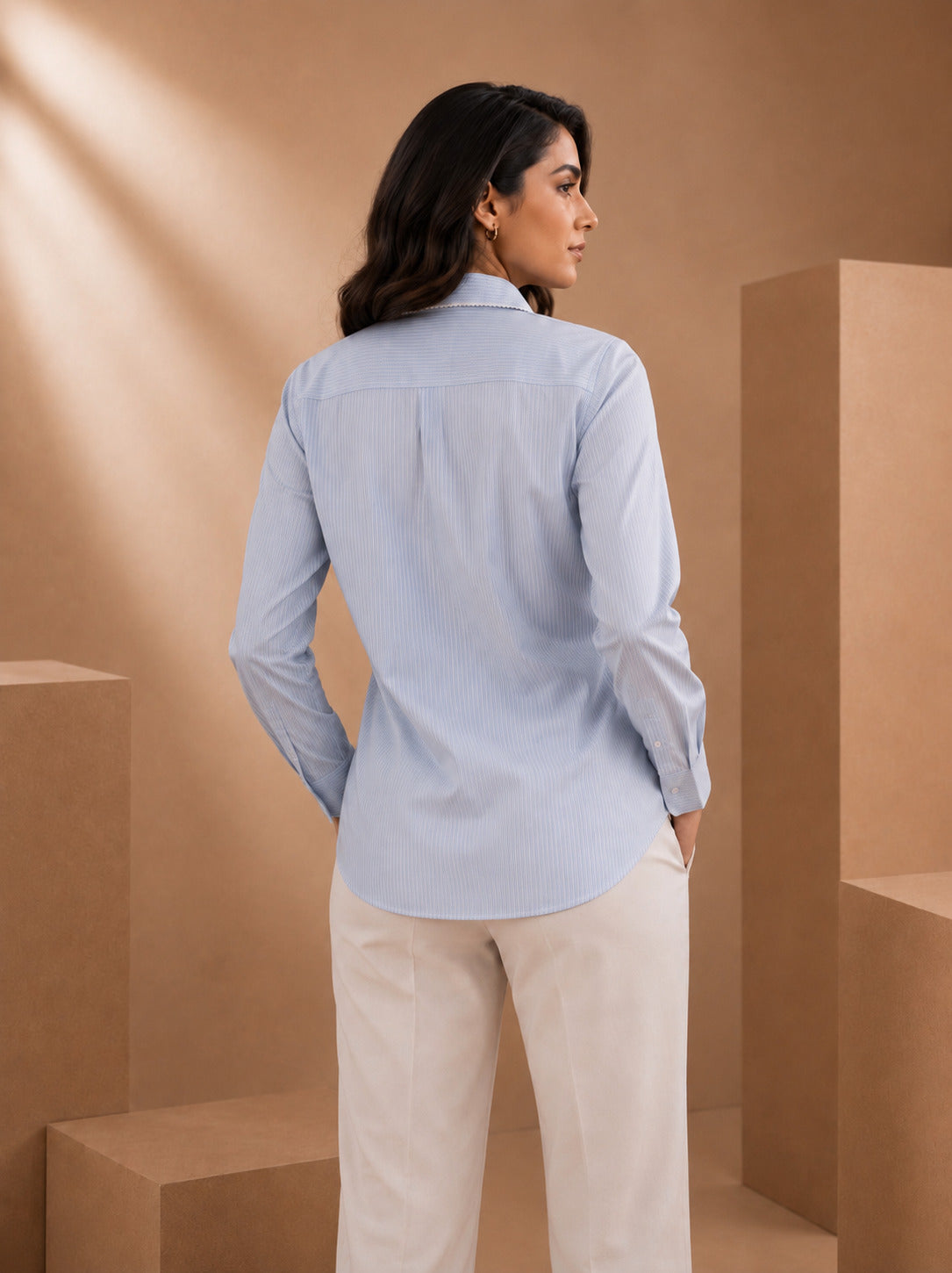 Light Cornflower Blue Striped Cotton Shirt with Lace Embellishments