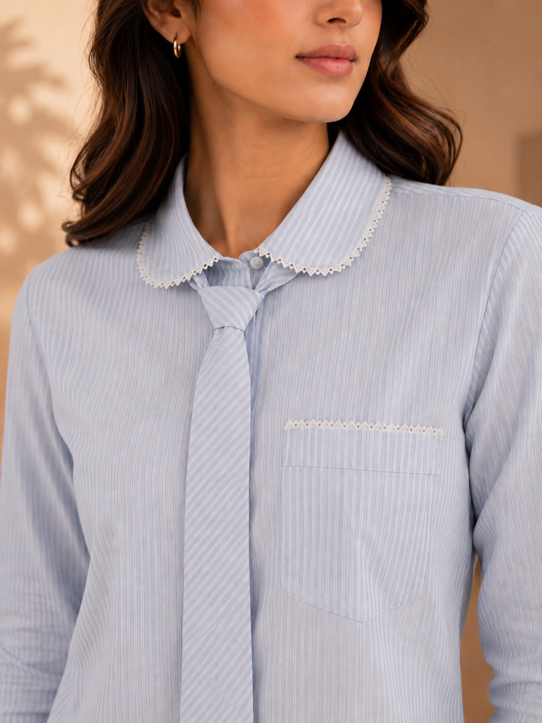 Light Cornflower Blue Striped Cotton Shirt with Lace Embellishments