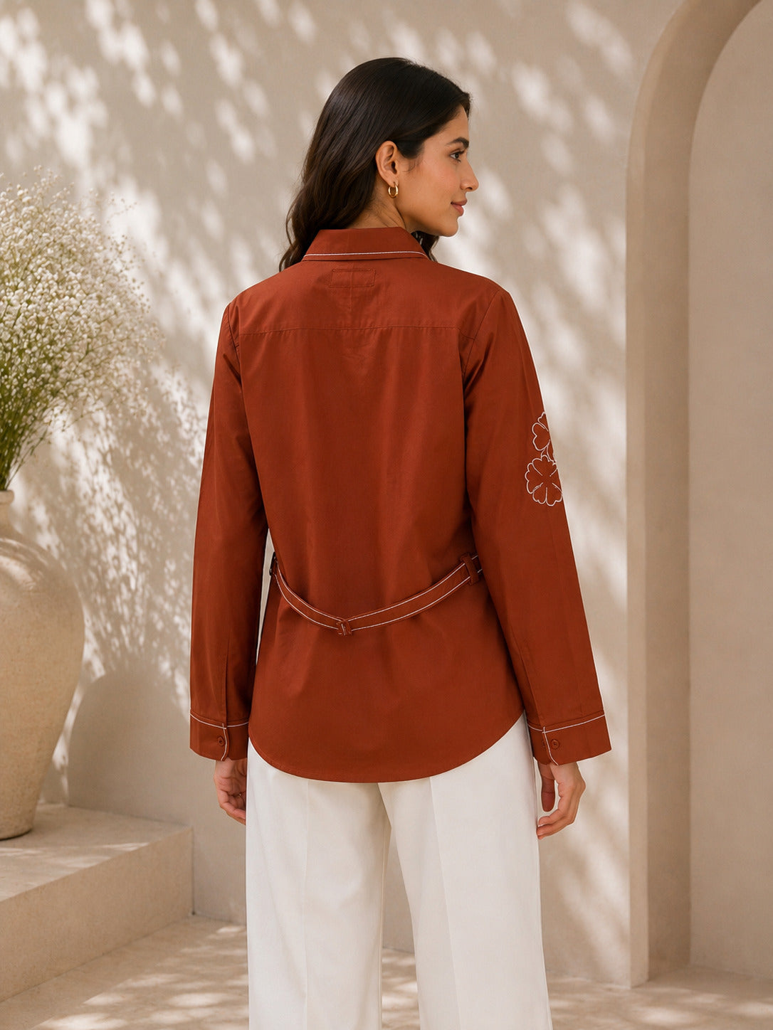 Cinnamon Brown Cotton Poplin Shirt with Braid Detailing