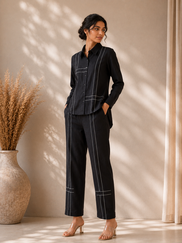 Coal Black Cotton Slub Co-ord Set with Tagai Work