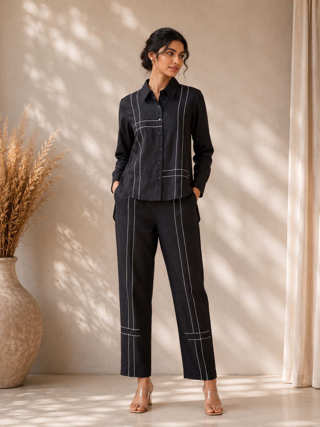 Coal Black Cotton Slub Co-ord Set with Tagai Work