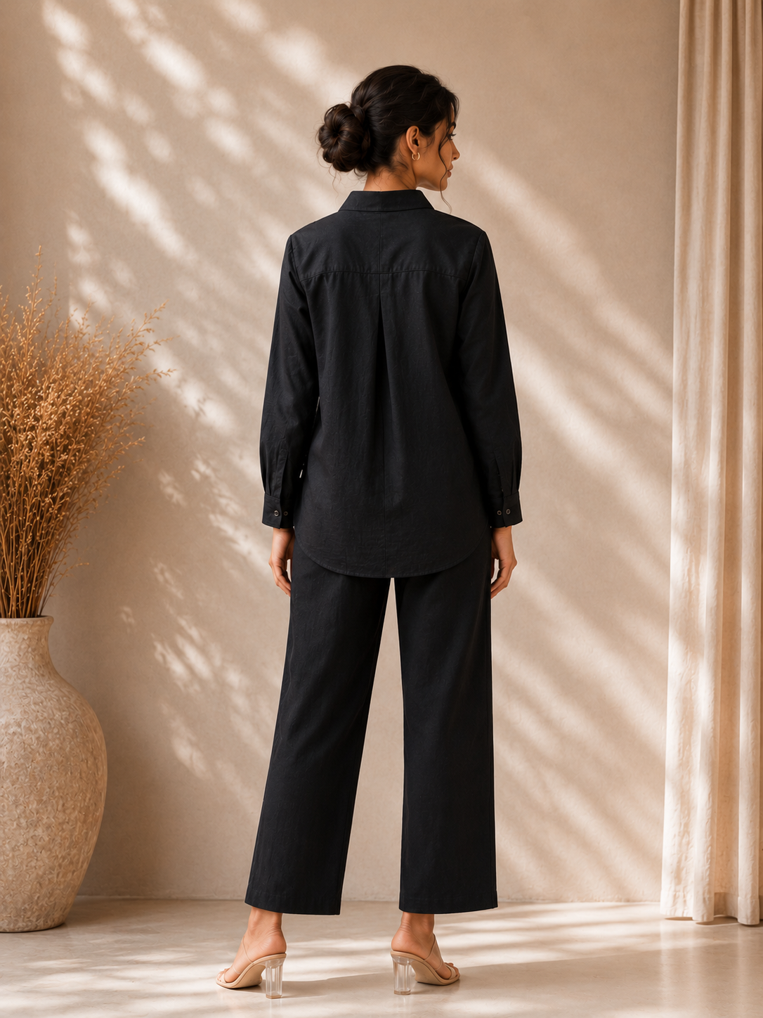 Coal Black Cotton Slub Co-ord Set with Tagai Work