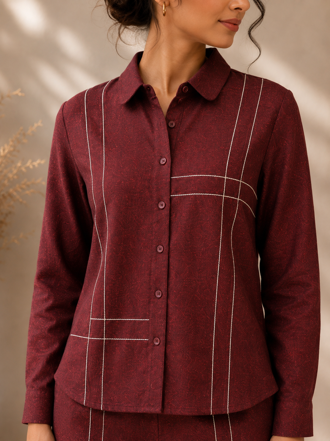 Maroon Cotton Slub Co-ord Set with Tagai Work