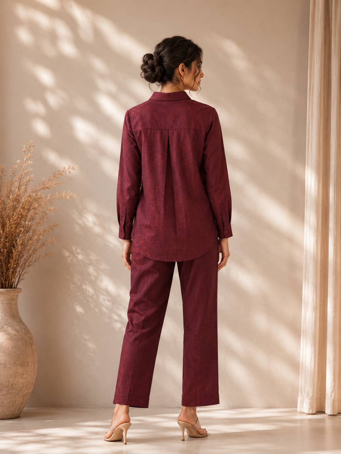 Maroon Cotton Slub Co-ord Set with Tagai Work