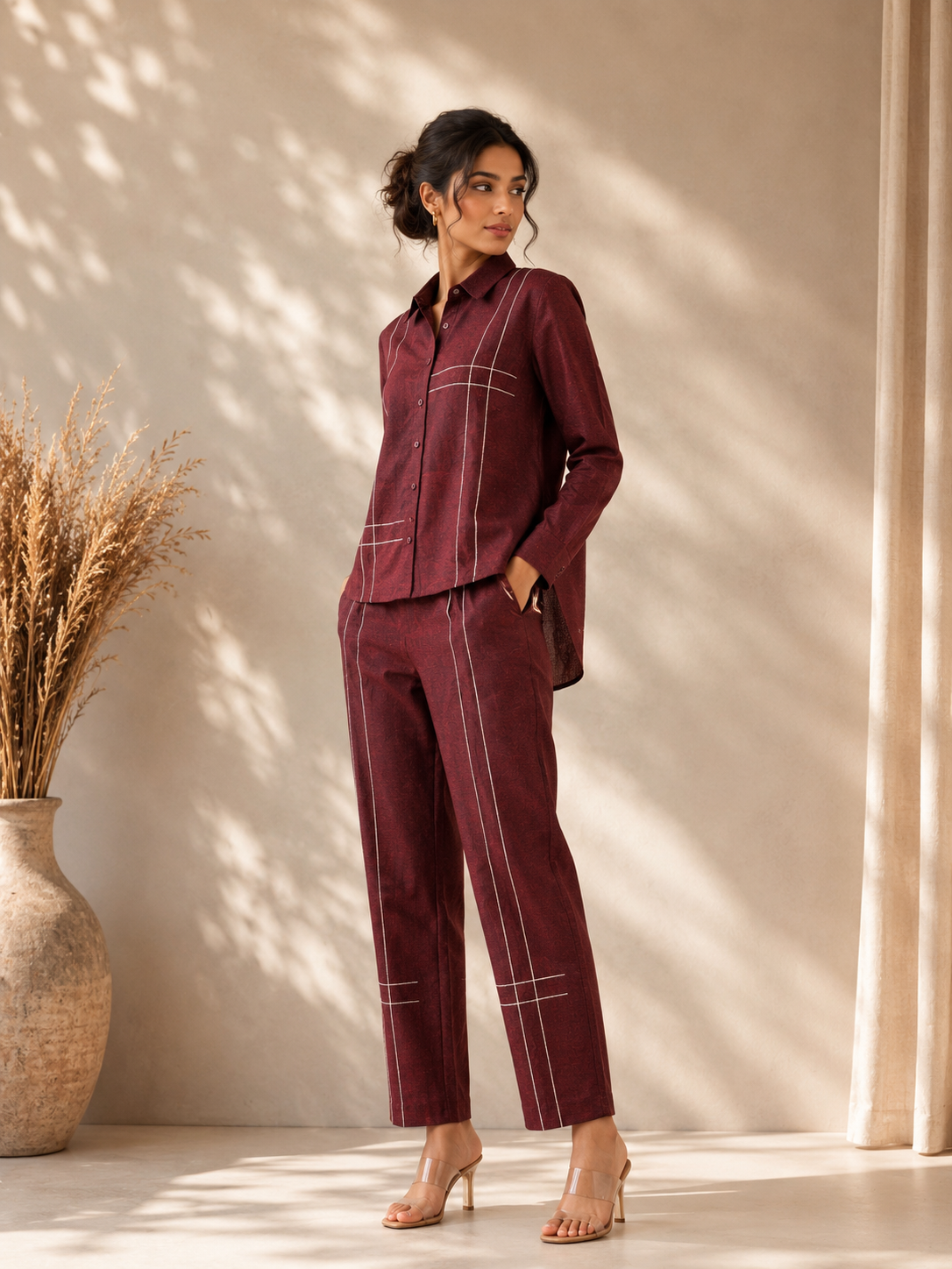 Maroon Cotton Slub Co-ord Set with Tagai Work