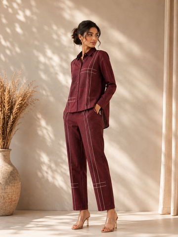 Maroon Cotton Slub Co-ord Set with Tagai Work