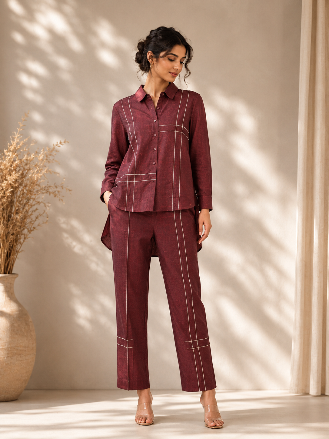 Maroon Cotton Slub Co-ord Set with Tagai Work