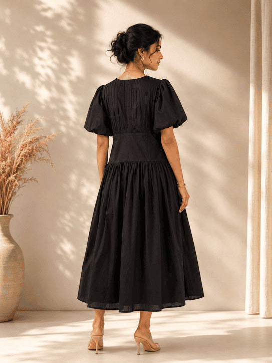 Coal Black V-Neck Gathered Midi Dress