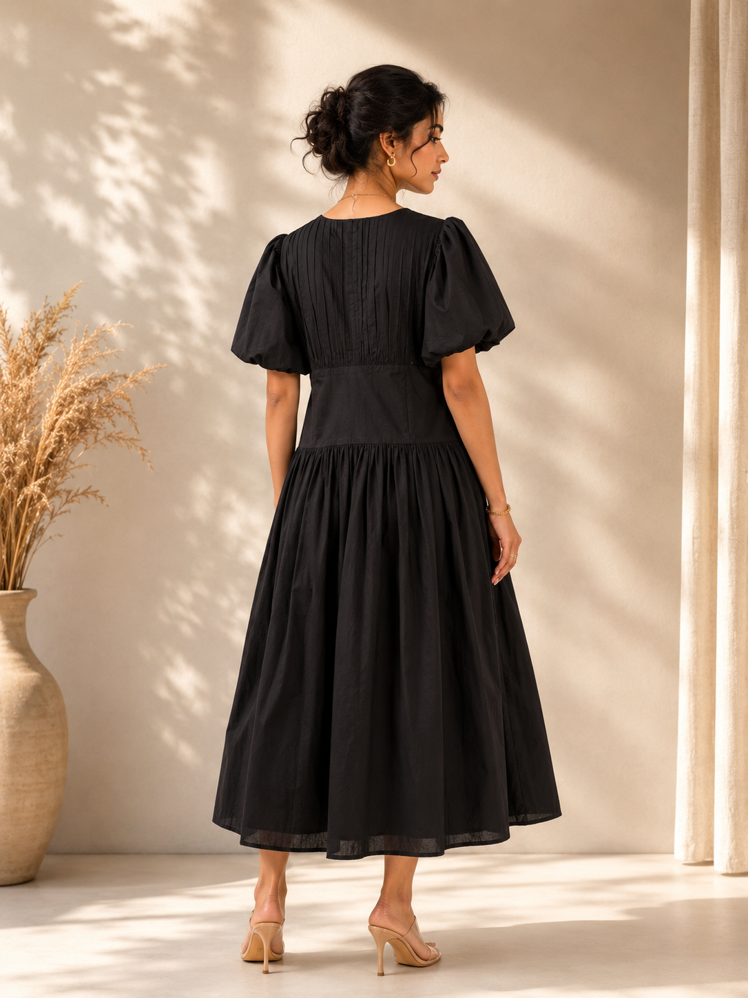 Coal Black V-Neck Gathered Midi Dress