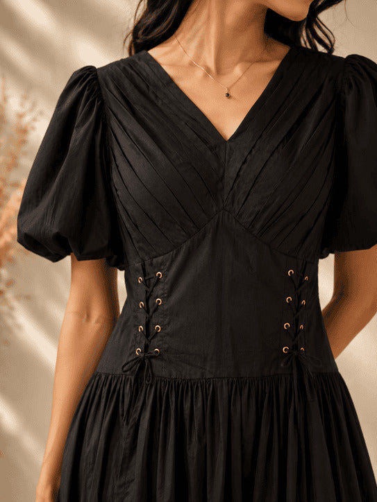 Coal Black V-Neck Gathered Midi Dress