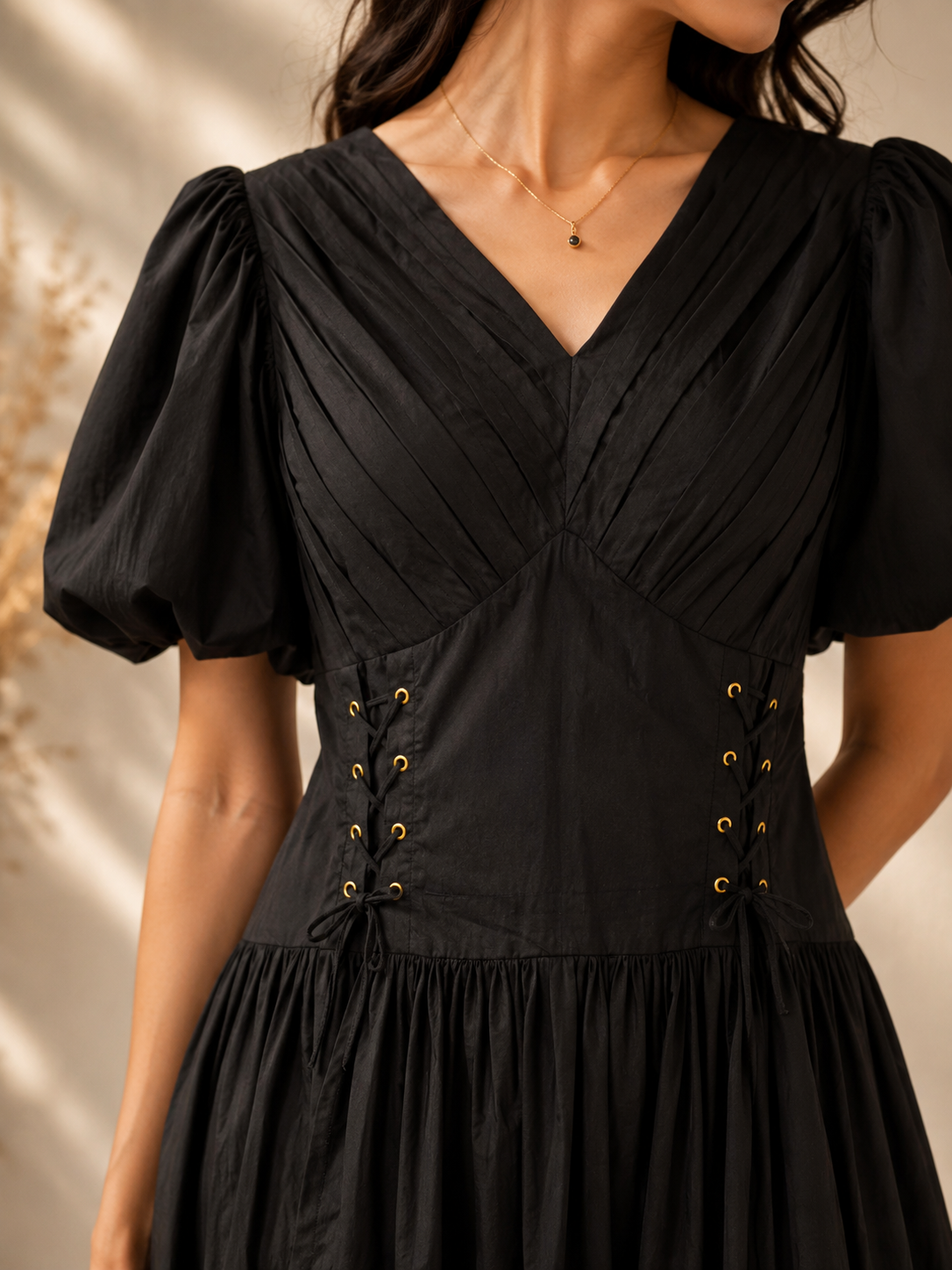 Coal Black V-Neck Gathered Midi Dress