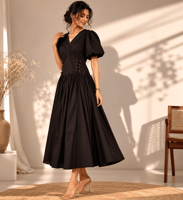 Coal Black V-Neck Gathered Midi Dress