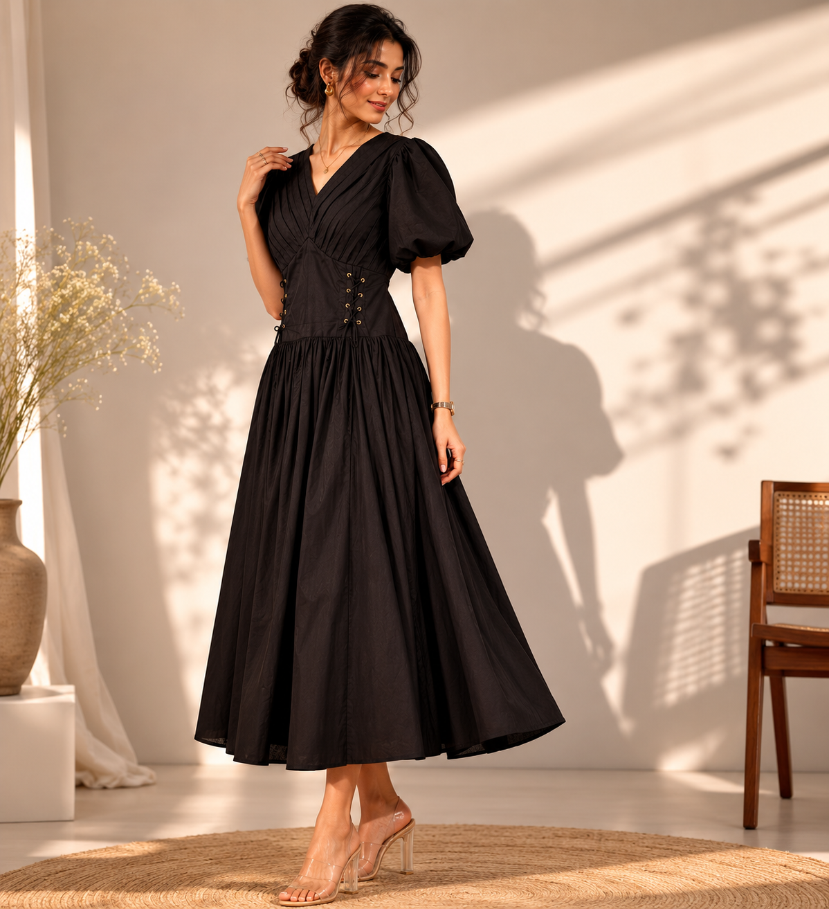Coal Black V-Neck Gathered Midi Dress